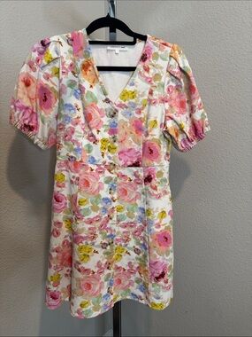 entro Floral Button-Front Mini Dress in White, Pink, Yellow, Blue